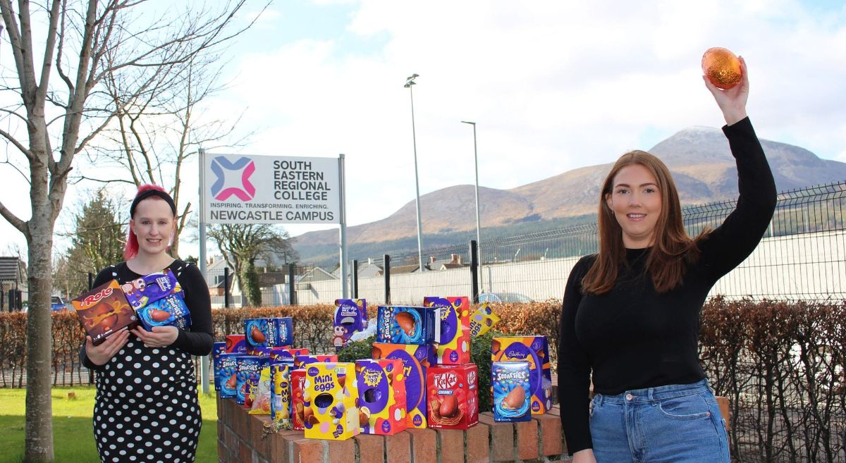 SU Welfare Office Laura Wright and Emma McFadden, SU Intern with donated Easter eggs at Newcastle Campus